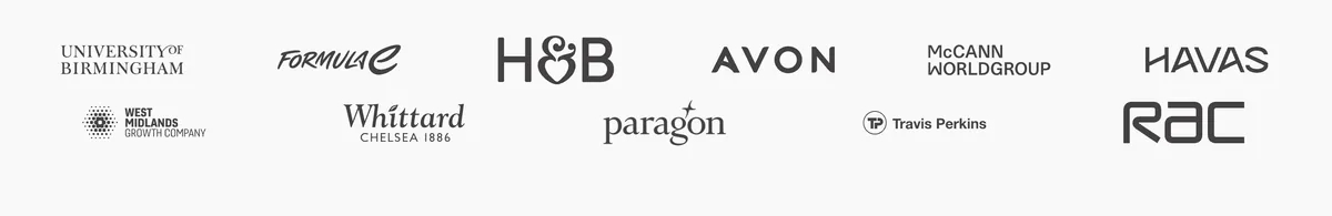 Beyond the Book client logos including University of Birmingham, Formula E, Holland & Barrett, Avon, McCann, Havas, Whittard, Travis Perkins and RAC.