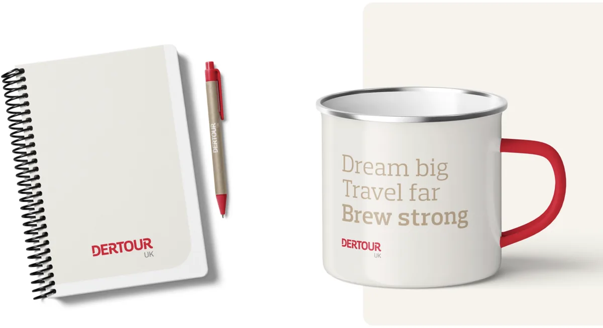 DerTour UK branded notebook, pen and enamel travel mug.