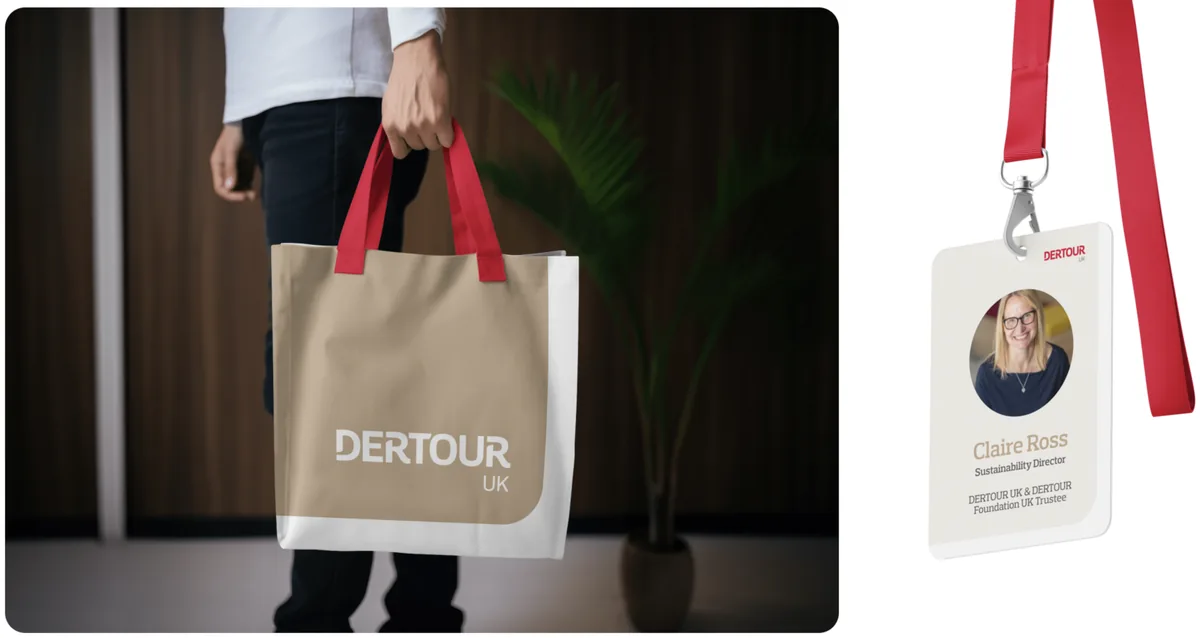 DerTour UK branded tote bag and a staff lanyard, part of the identity applied across collateral.