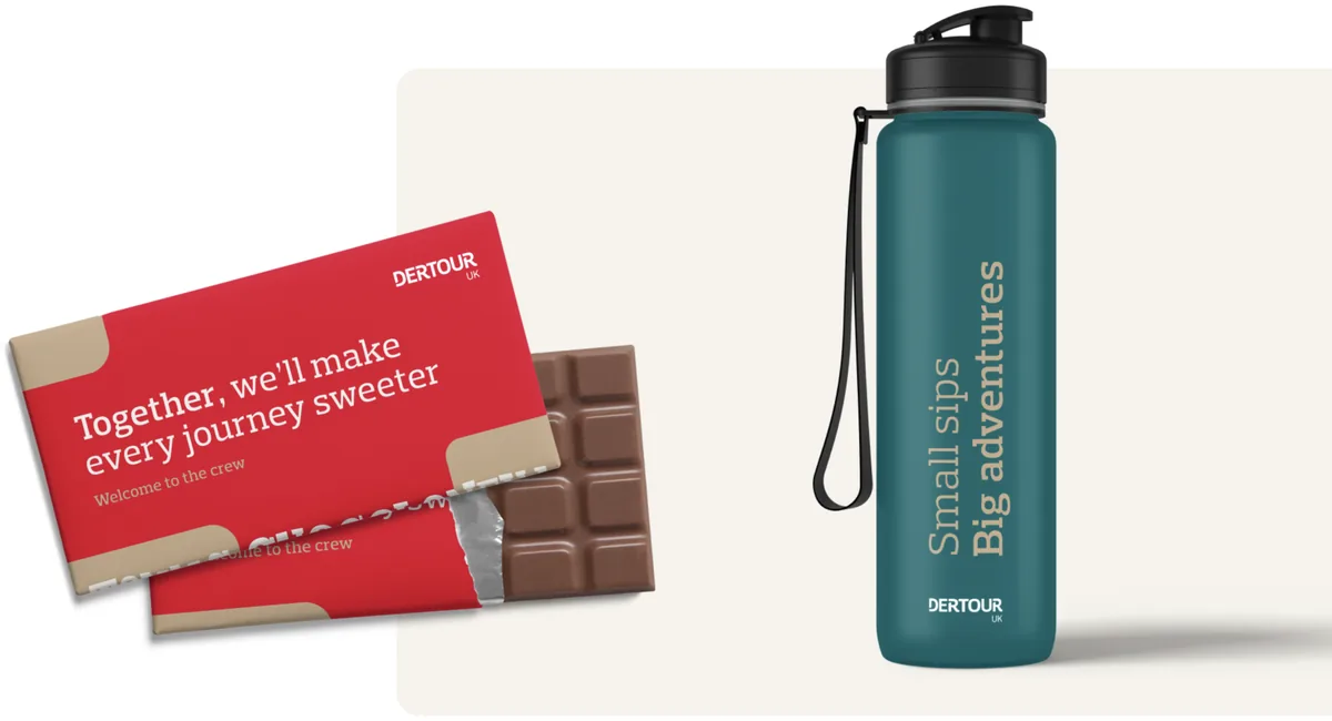 DerTour UK welcome-to-the-team items: branded chocolate and a water bottle.