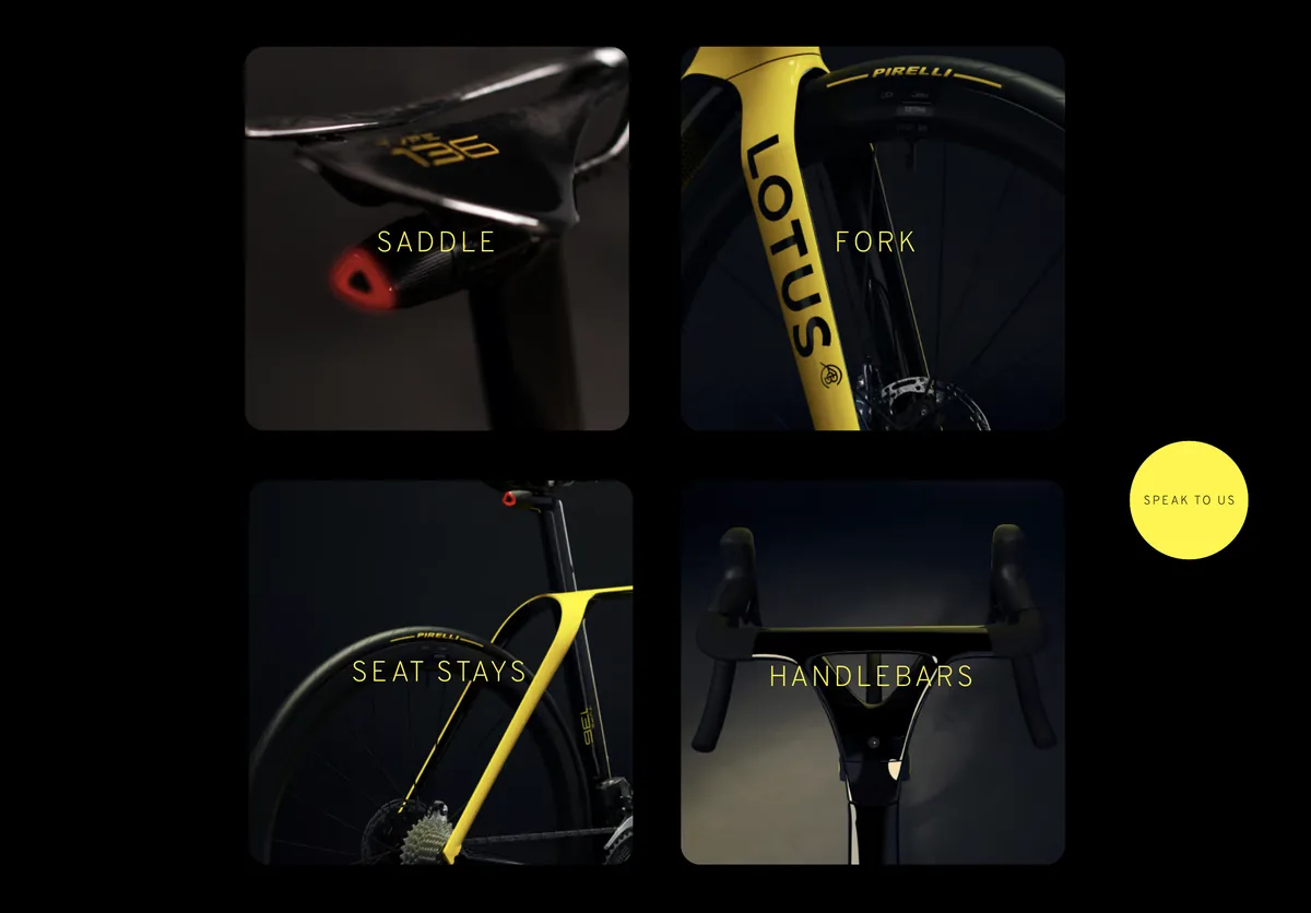 HPS WattAssist website, component callouts for the Lotus Type 136 saddle, fork, seat stays and handlebars.